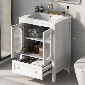 English Elm 24" Bathroom Vanity With Sink, Bathroom Vanity Cabinet With One Drawer and Doors, Adjustable Shelf, Solid Wood and Mdf, White