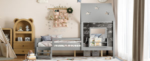 English Elm Full Bunk Bed with Trundle Bookshelf Storage Pine Frame Car Design for Kids Gray W1580S00296