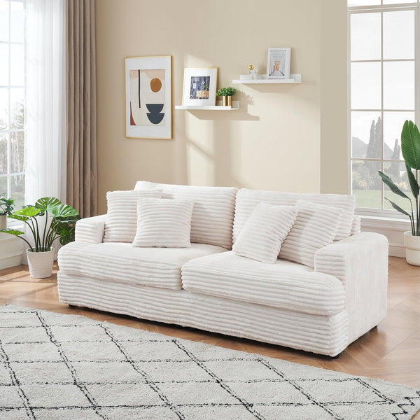 English Elm 88.58" corduroy 3-seater sofa with 4 matching throw pillows, sturdy wood frame, modern luxe comfort White W3356S00004