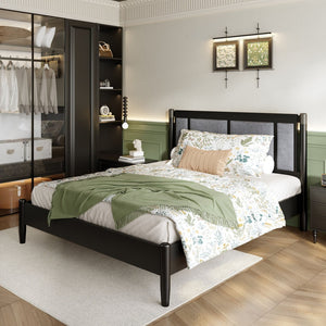 English Elm Solid Pine Queen Bed Industrial Upholstered Headboard with Iron Handles 500 Lb Frame Black,Dark Grey N770PQ361408B
