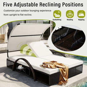 English Elm U_style Outdoor Double Sun Lounger Hdpe Wicker Steel Frame with Canopy Pop up Tables Beige WY000485AAA