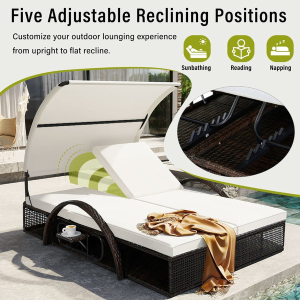English Elm U_style Outdoor Double Sun Lounger Hdpe Wicker Steel Frame with Canopy Pop up Tables Beige WY000485AAA