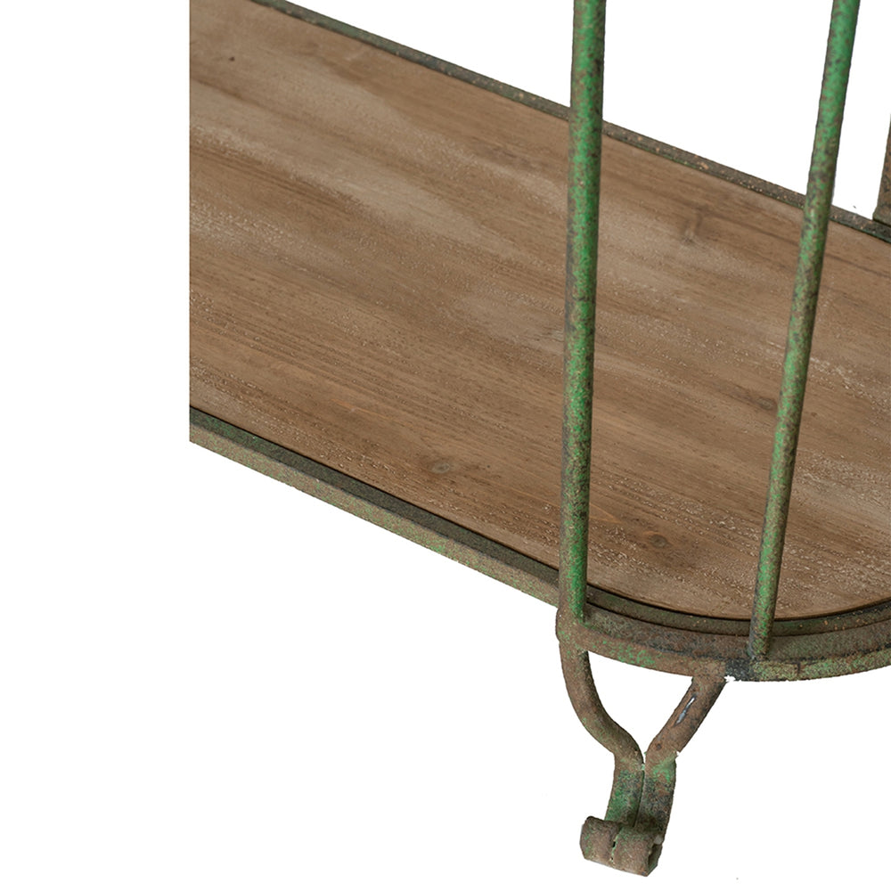 English Elm 47x16.5x80" Vintage-Inspired Three-Tiered Iron Shelving Unit with Weathered Green Frame, Rustic Wooden Shelves for Plants & Decor W2078P392525