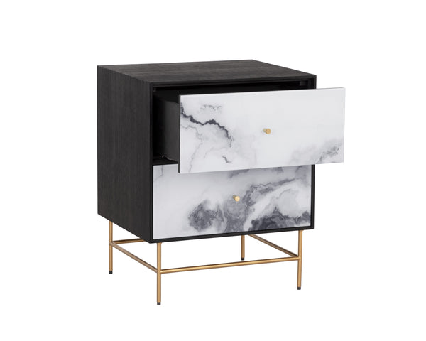 Sunpan Cordero Modern Nightstand with Marble-Effect Drawers, Antique Brass Legs - Stylish Acacia Design