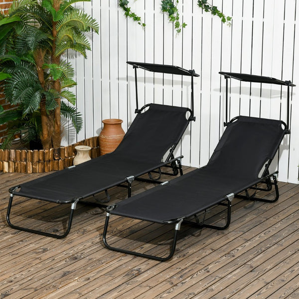 English Elm Outsunny Folding Chaise Lounge Chairs Set Of 2 With Canopy Shade For Pool, Beach, And Patio Fun W2225P200745-GIGA