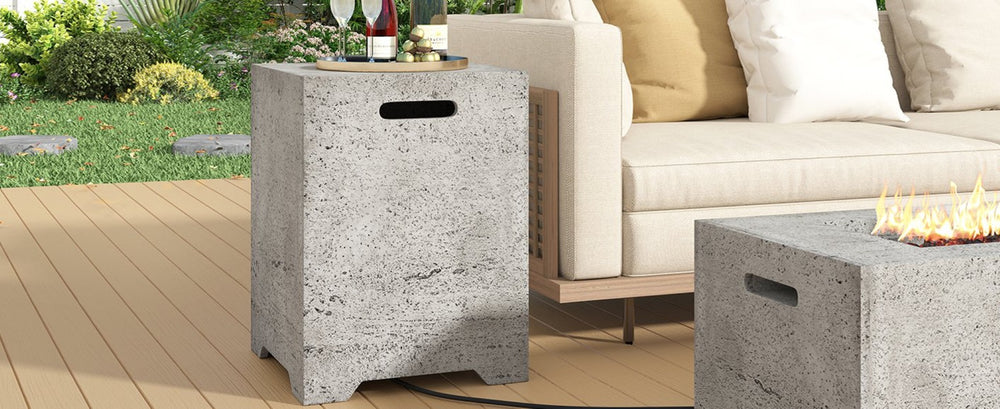 English Elm U_style Outdoor Mgo Propane Tank Cover Table Fluted Stone Finish Patio Side Accent Light Gray N711P410561A