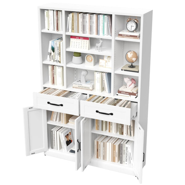 English Elm 71" Tall Metal Bookcase with Open Shelves Drawers and Cabinet Doors for Modern Office T2398S00001