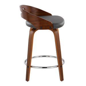 English Elm Cassis 24" Mid-Century Modern Counter Stool Set Of 2 - Swivel Walnut Wood & Grey Faux Leather Elegance B202S00015