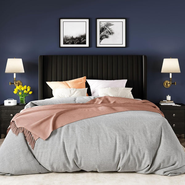 English Elm Full Size Black Fabric Upholstered Platform Bed Tall Headboard No Box Spring Required W5239P451636