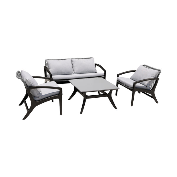 English Elm Liora 4-Piece Outdoor Patio Seating Set – Weather-Resistant Eucalyptus, Gray Rope, White Cushions, Durable Elegance B2736S00011