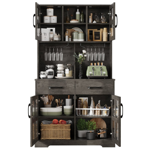 English Elm Pantry Hutch with Fluted Mdf Panels Charging Station Pegboard and Open Shelving T3773P416041
