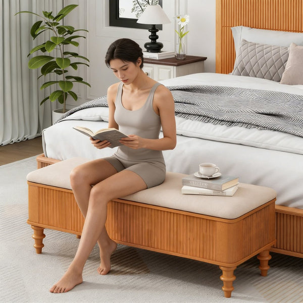 English Elm 50.8-inch Linen Upholstered Storage Bench Rubberwood Frame Lift Top Bedroom Entryway W1716P409897
