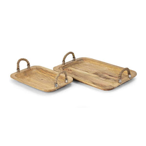 English Elm S/2 Tabari Wood Trays with Jute Handles - Mango Wood Serving & Display Set for Organic, Transitional Homes W2078P391134