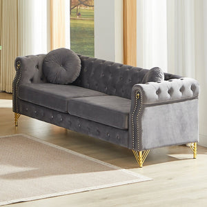 English Elm 82-inch Velvet Chesterfield Sofa Tufted Button Back with Copper Studs and Gold Metal Legs Grey W834S00618