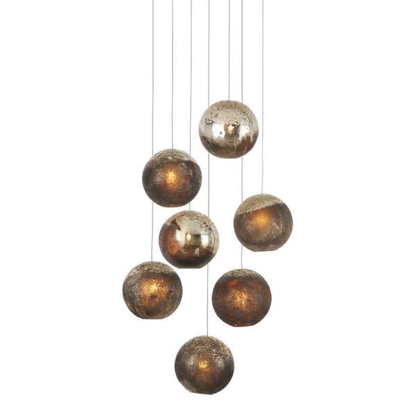Pathos Round Multi-Drop Pendant Light - Artistic Glass Shade with Reactive Glaze and Antique Finish