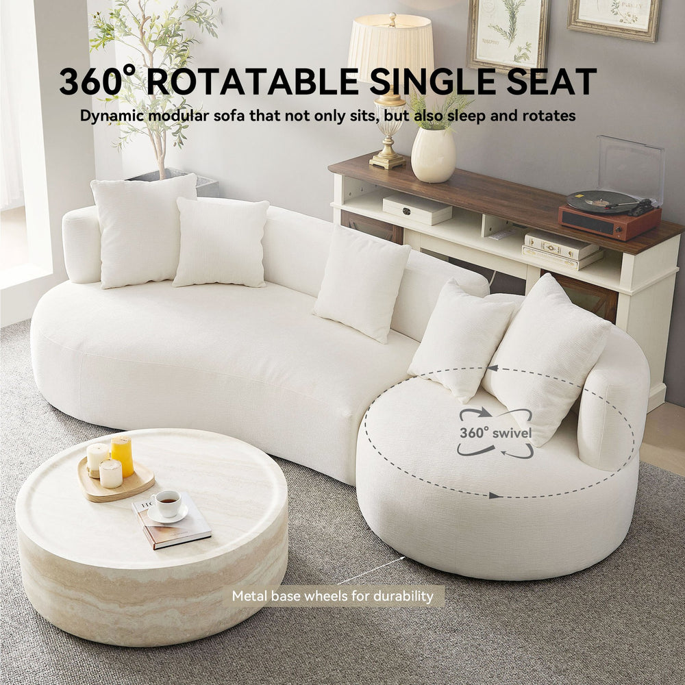 English Elm 110.23 Modern Curved 4-Seat Rotatable Sofa Couch – 360° Swivel Upholstered Fabric Cream Beige Comfort Retreat W2582S00099