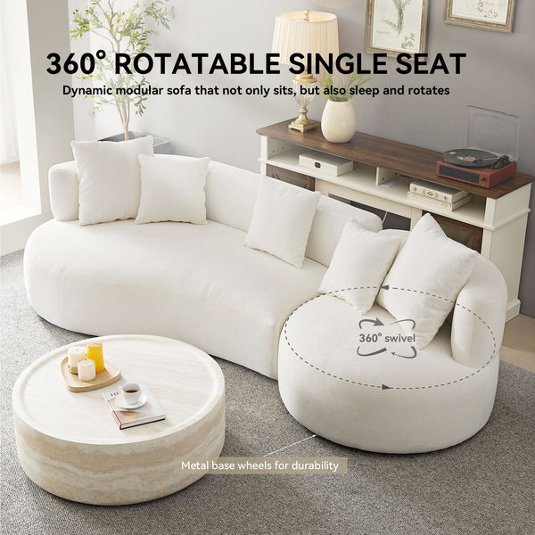 English Elm 110.23 Modern Curved 4-Seat Rotatable Sofa Couch – 360° Swivel Upholstered Fabric Cream Beige Comfort Retreat W2582S00099