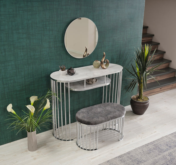 English Elm Garry Oval Fabric Ottoman with Chrome Legs — Plush Upholstery, Compact Modern Seat for Living Spaces Grey B029P333529