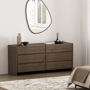 English Elm Linda 72" Walnut Brown 6-Drawer Dresser — Minimalist Low-Profile Design, Rich Wood Grain Storage (72") B365S00065