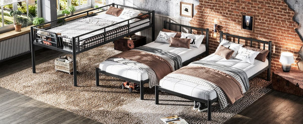 English Elm Twin Triple Bunk Bed Metal L-shaped Frame Sleeps Three Kids White Finish Black W1580S00615