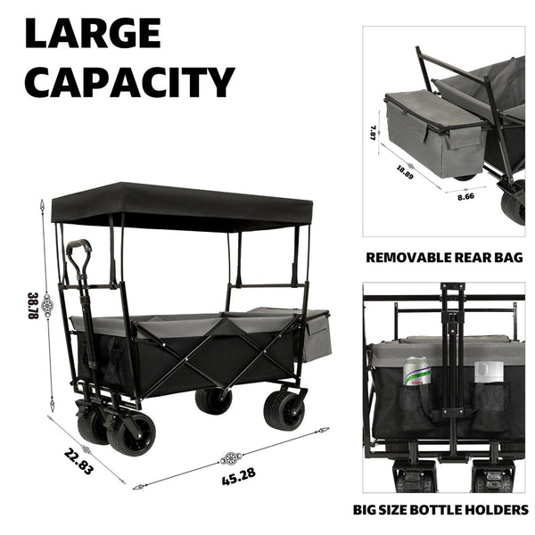 English Elm 480lbs Foldable All-terrain Wagon with Canopy Mosquito Net for Camping Outdoor Black W2932P253225
