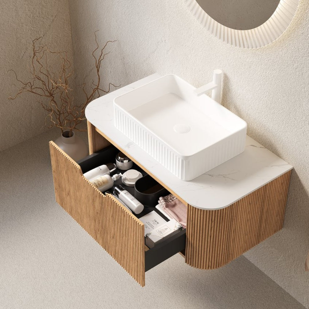 English Elm Dina Floating Bathroom Vanity Sintered Stone Top Glass Basin Striped Plywood Cabinet W2615S00161