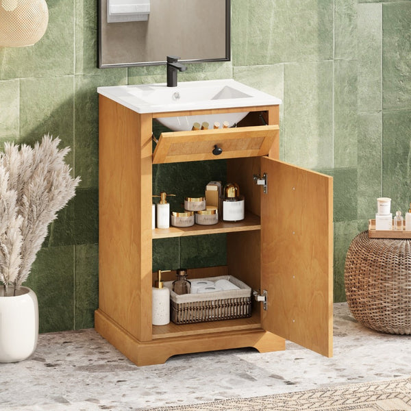 English Elm 20" Pine Wood Grain Bathroom Vanity with Ceramic Sink and Soft Close Cabinet Door N710P299454P