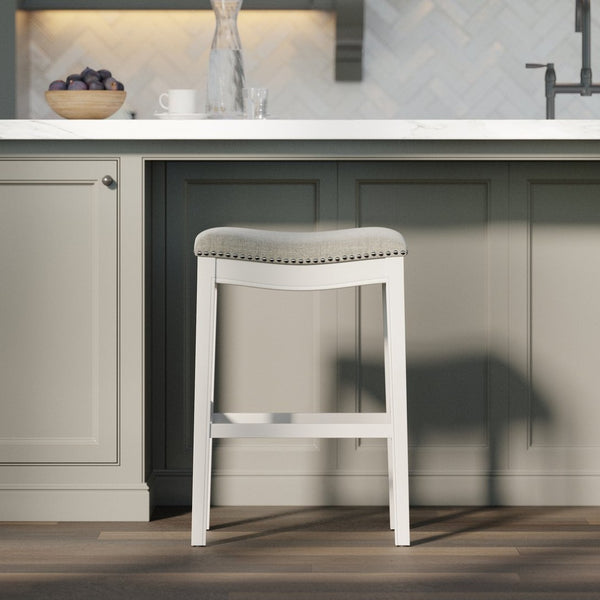 English Elm 31in. Farmhouse Whitewash Hardwood Barstool Nailhead Upholstered Seat Kitchen Island Accent White B2751P436419