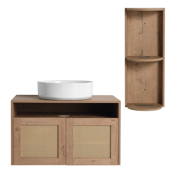 English Elm 30" Floating Bathroom Vanity Oak Finish Ceramic Vessel Sink Soft Close Plywood Cabinet W999S00501