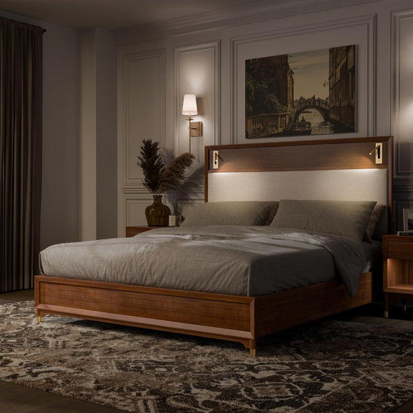 English Elm Black Queen Platform Bed with Led Headboard Gold Trim and Angled Metal Legs B2741S00790