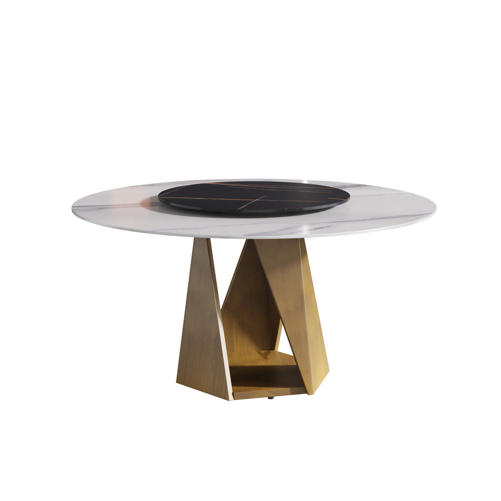 English Elm 59.05" Round Marble Dining Table With Lazy Susan - Sleek Bronze Base, Seats 6-8, Perfect For Dining! W1535S00413