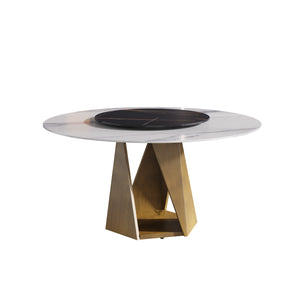 English Elm 59.05" Round Marble Dining Table With Lazy Susan - Sleek Bronze Base, Seats 6-8, Perfect For Dining! W1535S00413
