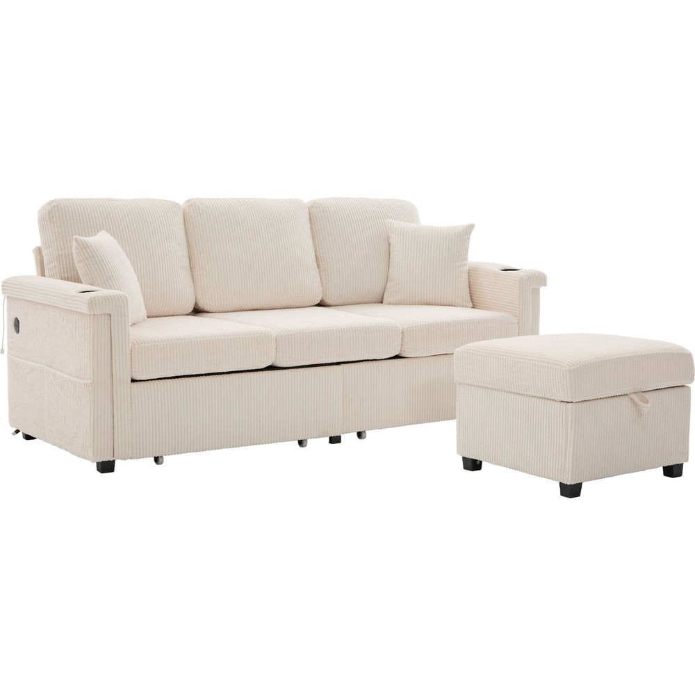 English Elm UNITED Corduroy L-Shaped Sectional Sofa with Storage Ottoman, USB Ports, Cup Holders & LED Lighting Beige W1568P332400