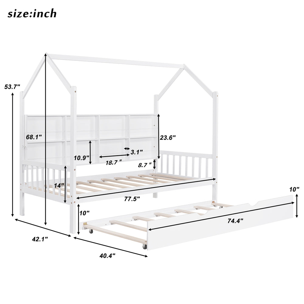 English Elm Wooden Twin House Bed with Trundle & Shelf, White Kids Play Bed with Roof, Sturdy Pine Frame N733P326485K