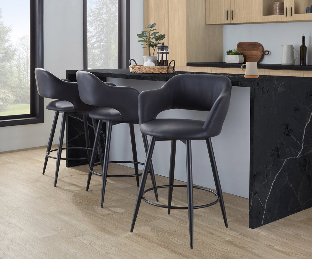 English Elm Margarite 26" Counter Stool Set of 2 — Matte Black Faux Leather Swivel, Armrests, Round Footrest B202S00348