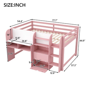 English Elm Full Size Low Loft Bed With Desk, Storage, Bookcase & Fun Whiteboard For Kids - Pink Design N7090005005H