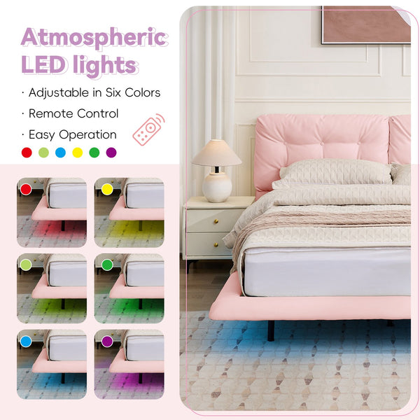 English Elm Christopher Knight Home® - Queen Plush Leather Upholstered Bed Frame with Wingback Headboard, Wavy Footboard, Quiet Support Pink 37.59 L x 32.25 W x 13 H N761S0000022H