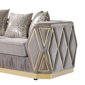 English Elm Cavalli Diamond Upholstered Sofa and Loveseat Set with Gold Accents for Modern Living Taupe+Gold B009S02180