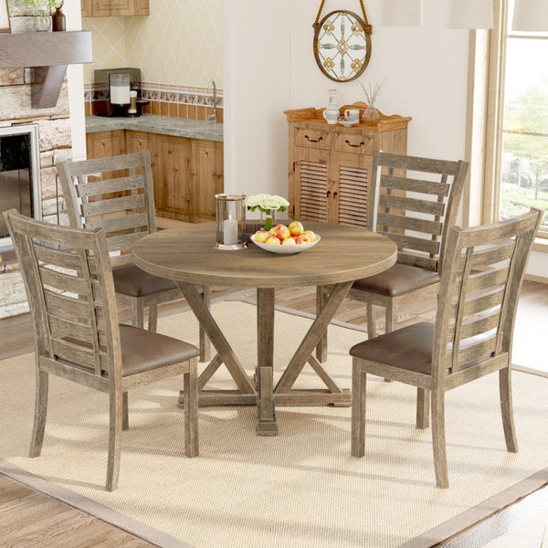 English Elm [5-piece Round Dining Set Solid Wood Distressed Farmhouse Table with Cushioned Chairs W2537S00005