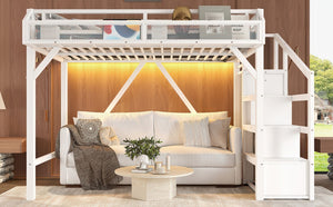 English Elm Full Xl Over Twin Triple Metal Bunk Bed with Storage Stairs and Shelves Black White W1580S00408