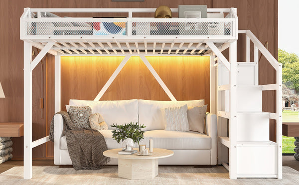 English Elm Full Xl Over Twin Triple Metal Bunk Bed with Storage Stairs and Shelves Black White W1580S00408
