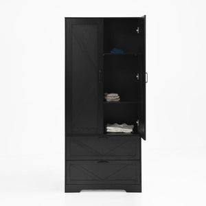 English Elm 2 Door Wardrobe Closet with Full Length Mirror Motion Light Hanging Rod and Drawers Black W409P266778