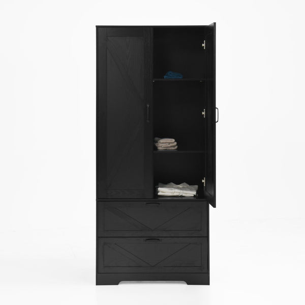 English Elm 2 Door Wardrobe Closet with Full Length Mirror Motion Light Hanging Rod and Drawers Black W409P266778