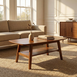 English Elm Mid Century Modern Solid Oak Two Tier Coffee Table with Open Shelf for Living Room Walnut W3204P469105