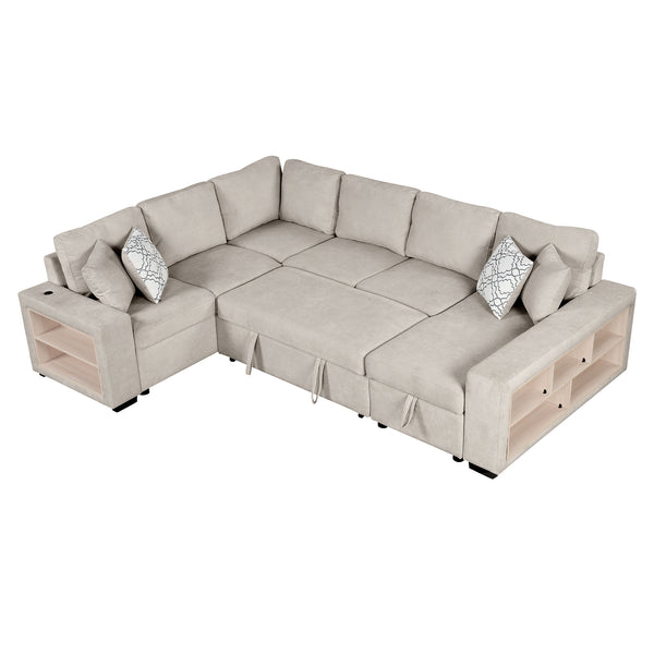 English Elm 109" U-shaped Sectional Sofa Pull-out Bed with Storage Chaise, USB Ports, Pocket Spring Comfort Beige N719S001550A