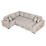 English Elm 109" U-Shaped Sectional Sofa Pull-Out Sofa Bed With Two Usb Ports, A Storage Chaise Lounge and Four Back Pillows For Living Room, Beige