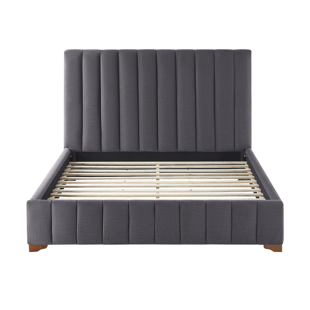 English Elm Queen Upholstered Platform Bed Frame with Padded Fabric Headboard, Rubber Plywood Slats, Dark Grey Finish W2582S00055