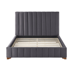 English Elm Queen Upholstered Platform Bed Frame with Padded Fabric Headboard, Rubber Plywood Slats, Dark Grey Finish W2582S00055