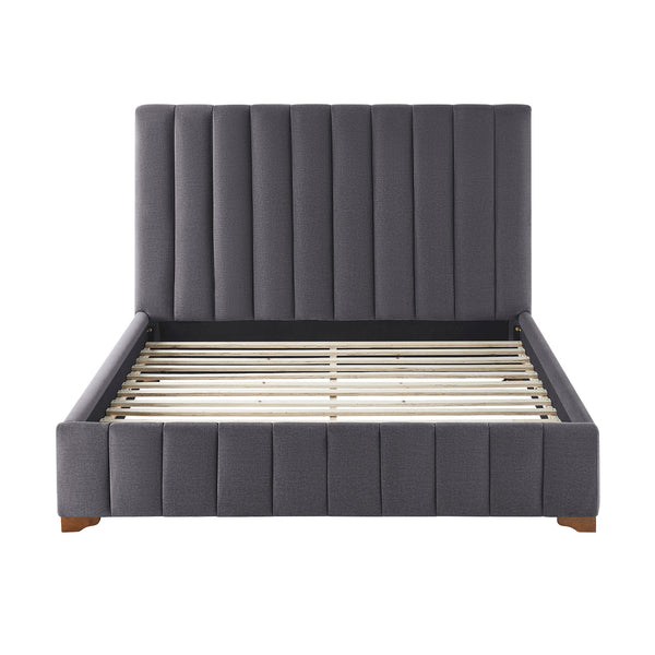 English Elm Queen Upholstered Platform Bed Frame with Padded Fabric Headboard, Rubber Plywood Slats, Dark Grey Finish W2582S00055