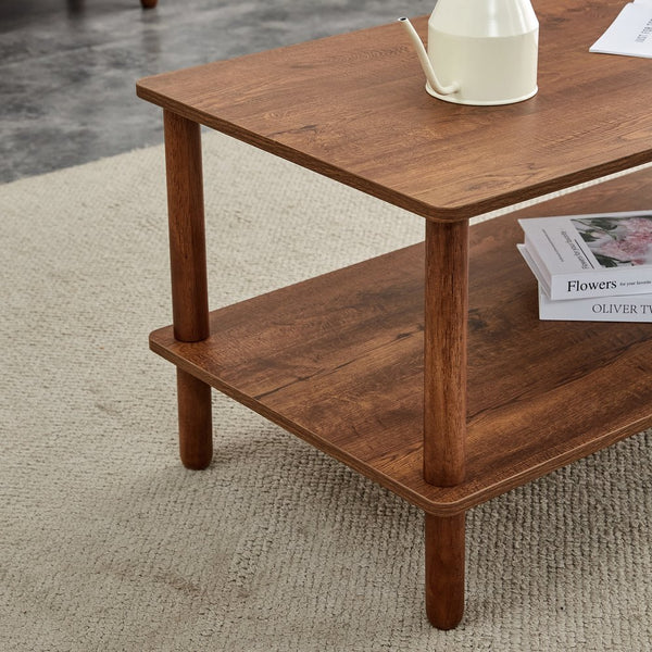 English Elm Modern 2-Tier Coffee Table with Open Shelf, Solid Wood + MDF, Rounded Legs, Durable Farmhouse Style Walnut W3226P279108